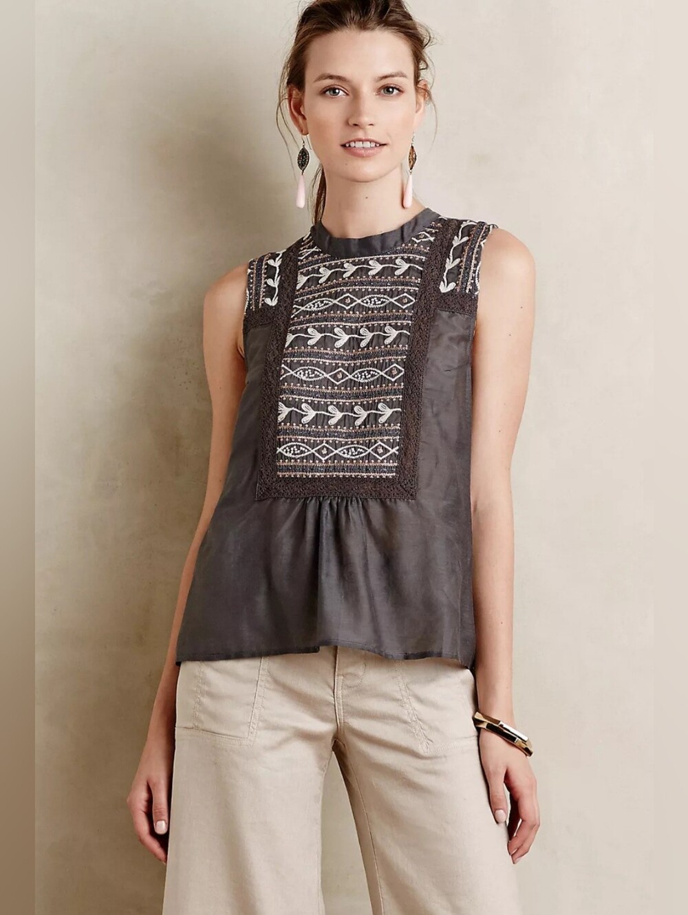 Antropologie Silk Blend Embroidered Peasant Tank Size M